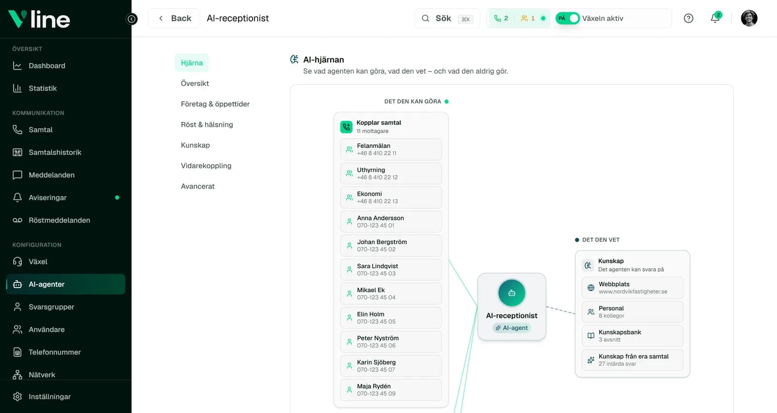 Redigeraren för VLine AI-agenten med kunskapskällor och kopplingar till kollegor