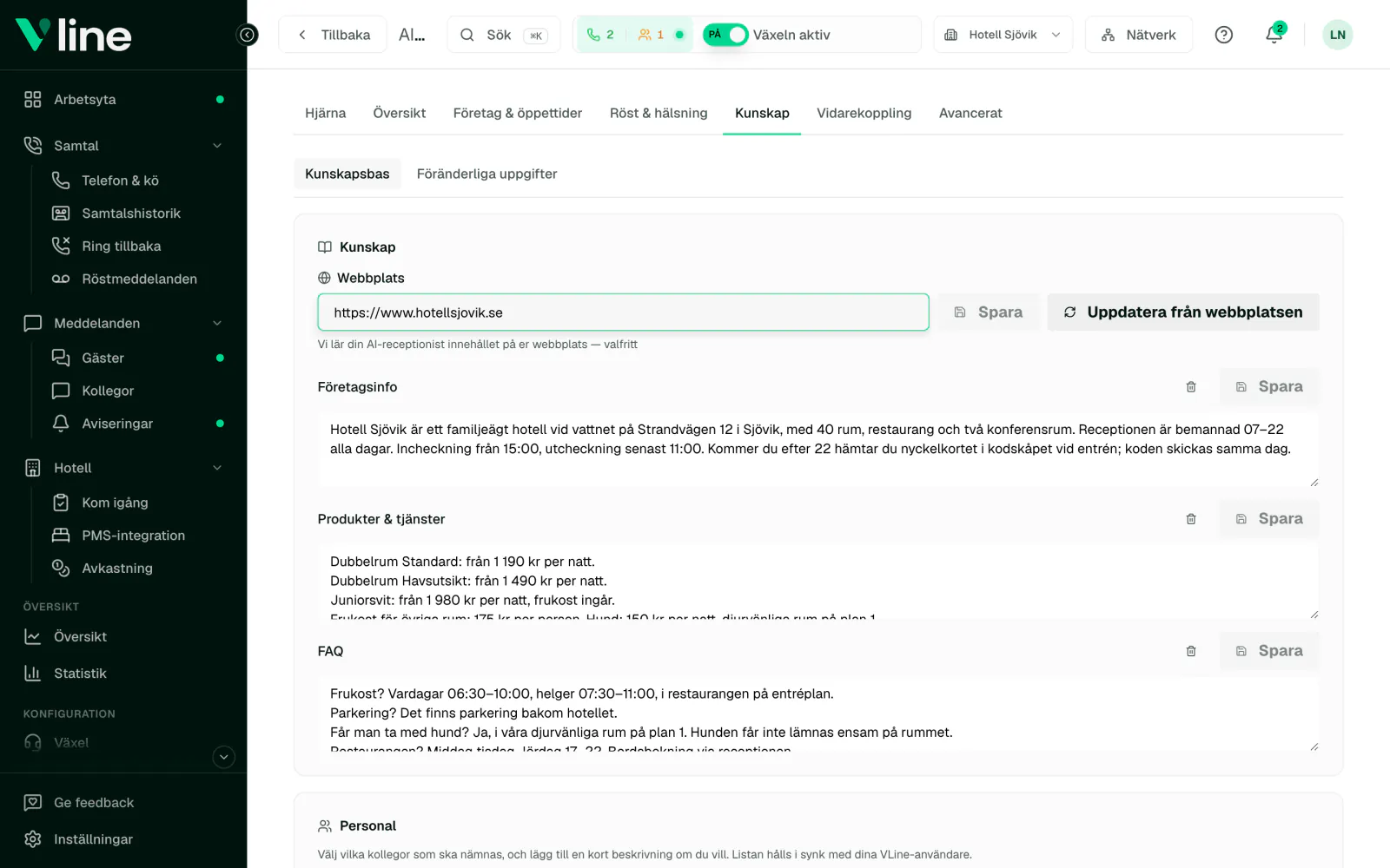Kunskapssidan för AI-receptionisten med hotellets webbplats, företagsinformation, rum och priser och vanliga frågor